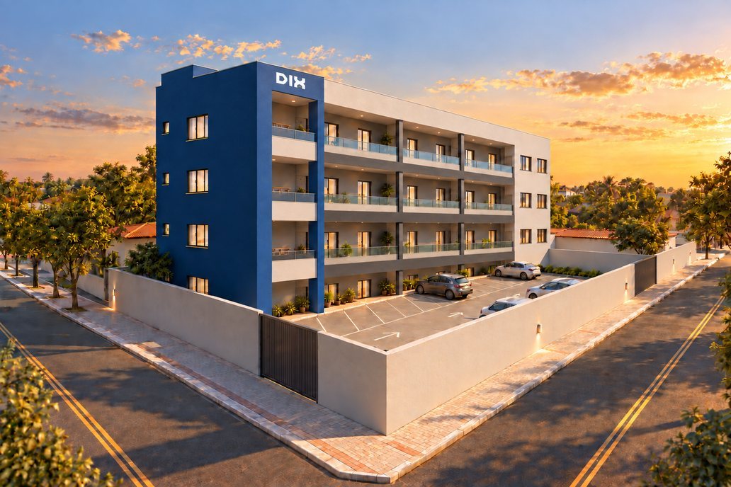 Render oficial da fachada do Residencial Miami ao fim da tarde, com o volume azul da Dix, as varandas e o estacionamento murado.